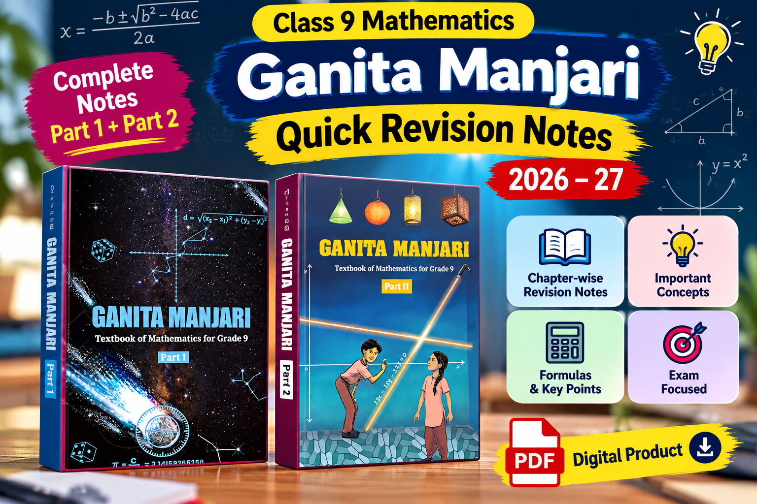 Class 9 Mathematics Ganita Manjari Quick Revision Notes 2026–27 PDF | Chapter-wise Maths Notes | Important Concepts & Formulas | Digital PDF